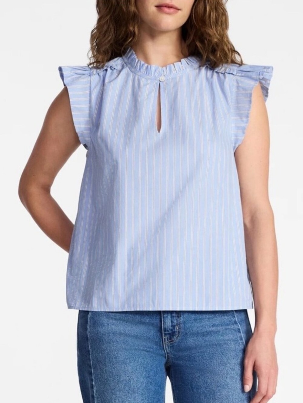 Time and Tru Women's Split Neck Top Flutter Cap Sleeves Sz M 8-10 Blue Stripe